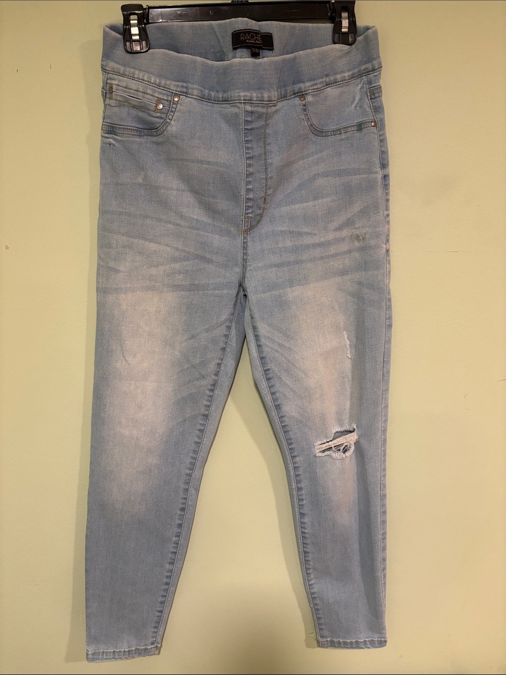 Rachel Light Blue Skinny Pull on Jeans with Distressed Knee